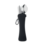 Set of silver cutlery in a black case on a white background