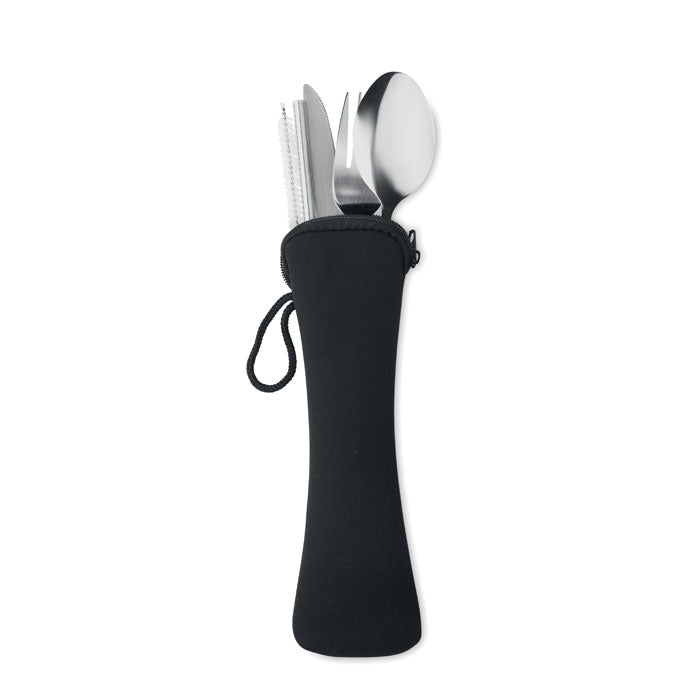 Set of silver cutlery in a black case on a white background