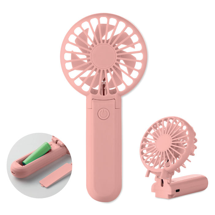 Pink handheld fan with additional attachment on a white background