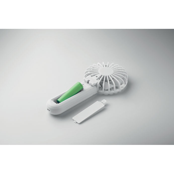 Handheld fan with a green button on a gray background