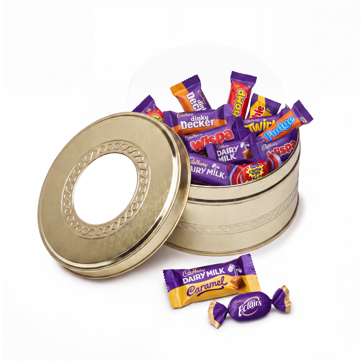 Unbranded gold treat tin with Cadbury Heroes