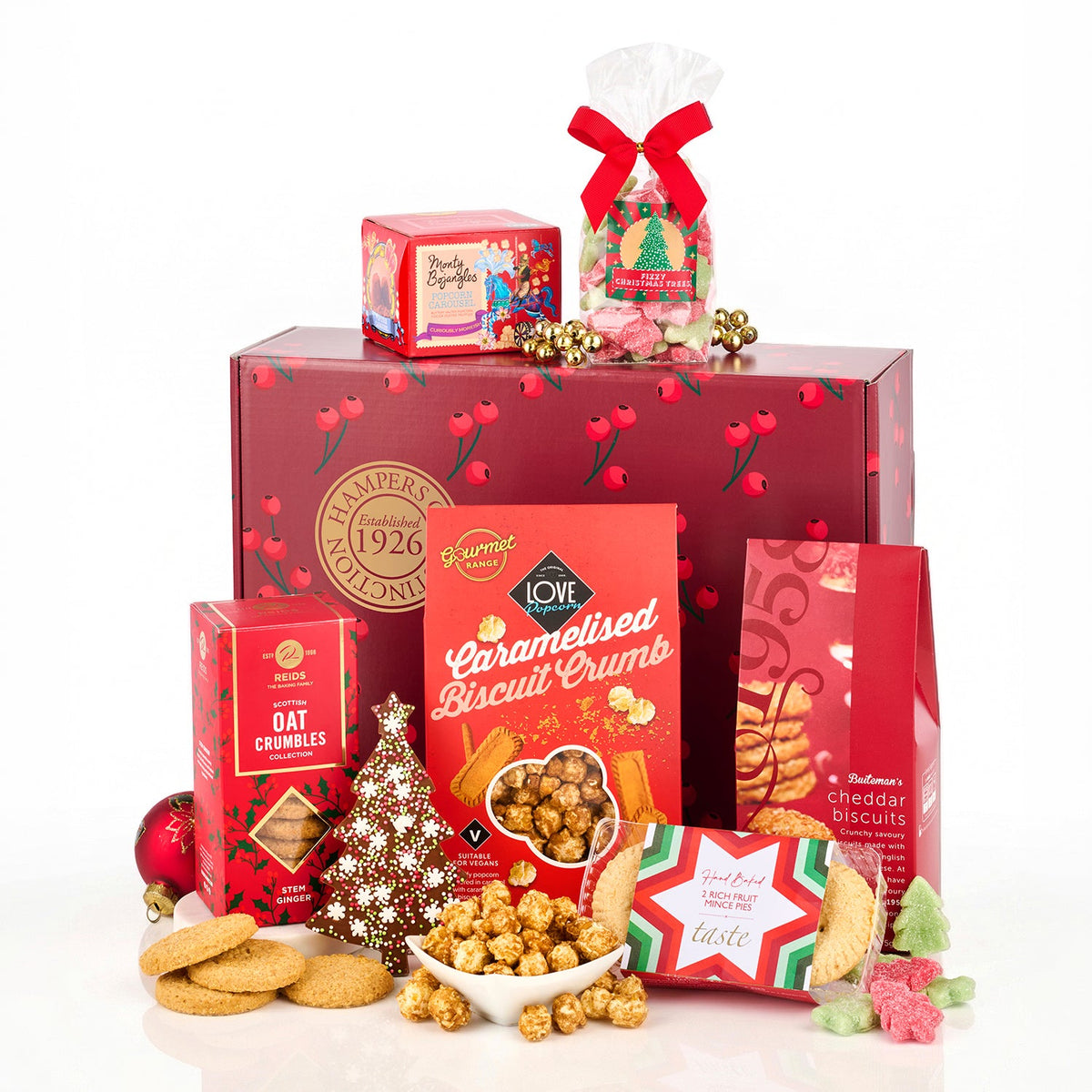 Joybells Alcohol Free Christmas Hamper with popcorn, oat crumbles, cheddar biscuits, mince pies and a chocolate tree in a red gift box