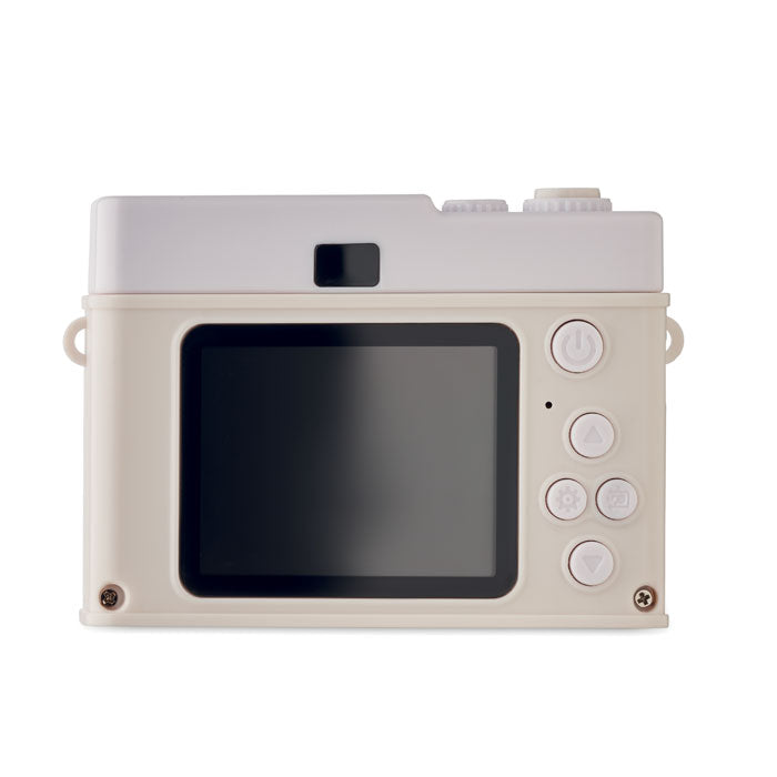 Beige camera with a screen and control buttons on a white background