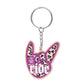 Keychain with leopard print design and 'Scan Me!' text on a white background