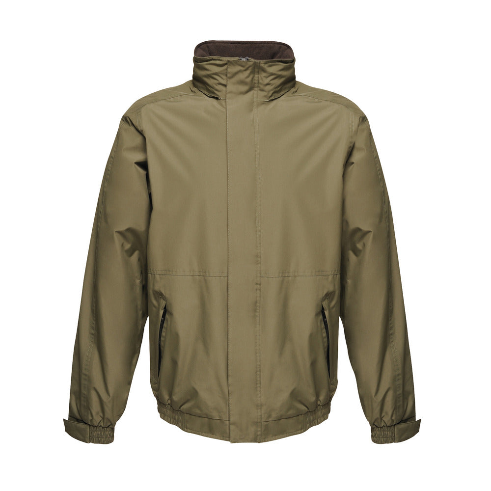 Branded Waterproof Fleece-Lined Jacket with Concealed Hood in Dark Khaki/Black
