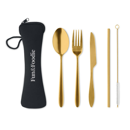 Gold cutlery set with a black carrying case labeled 'Funk & Foodie' on a white background.