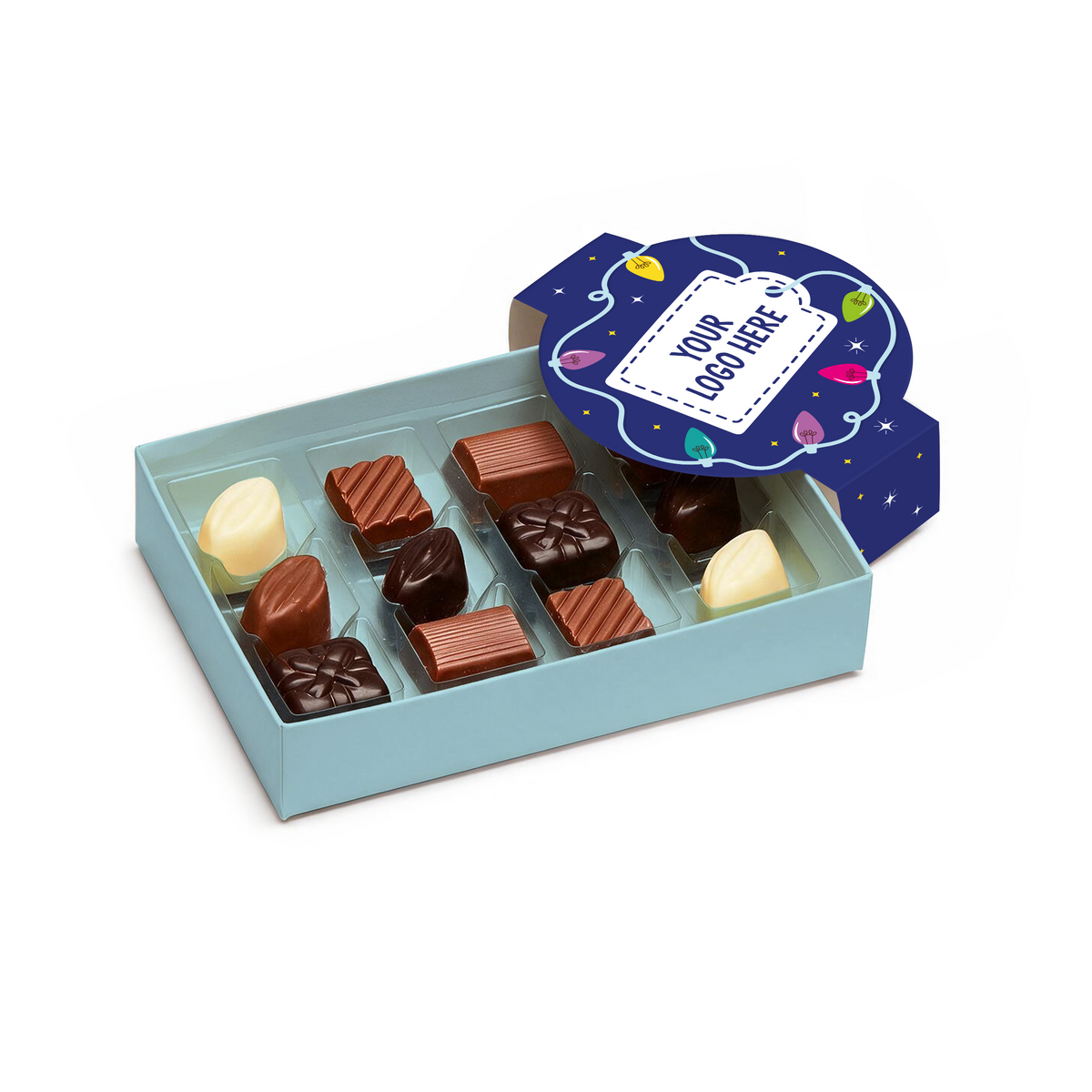 Branded luxury truffle box, front view