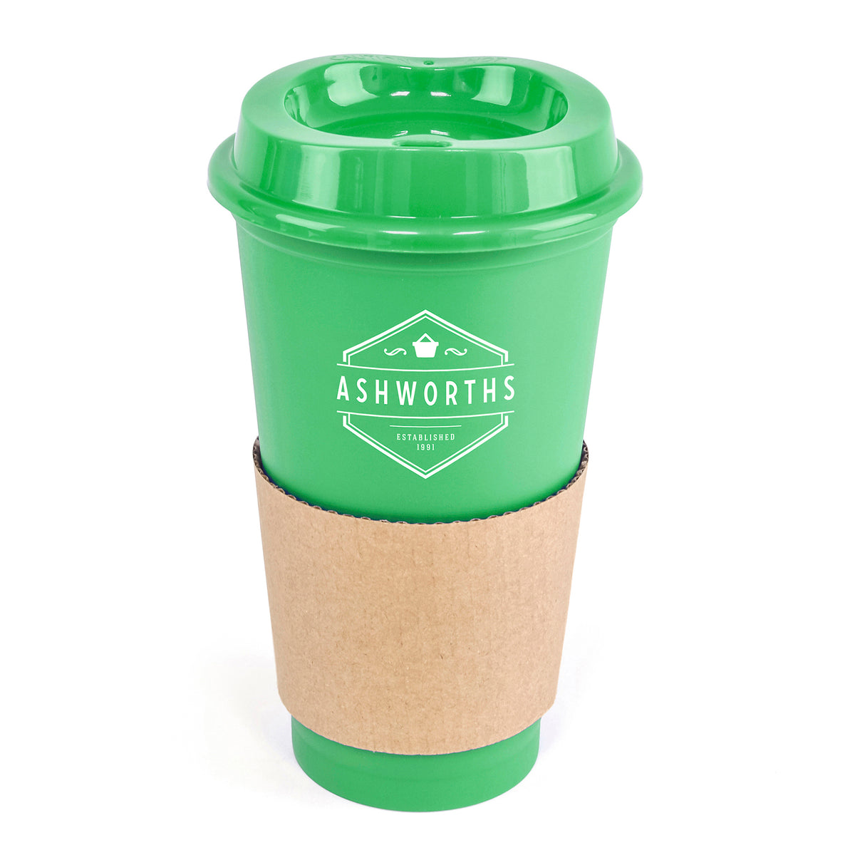 Branded 500ml Take Out Coffee Mug with Card Sleeve in Green