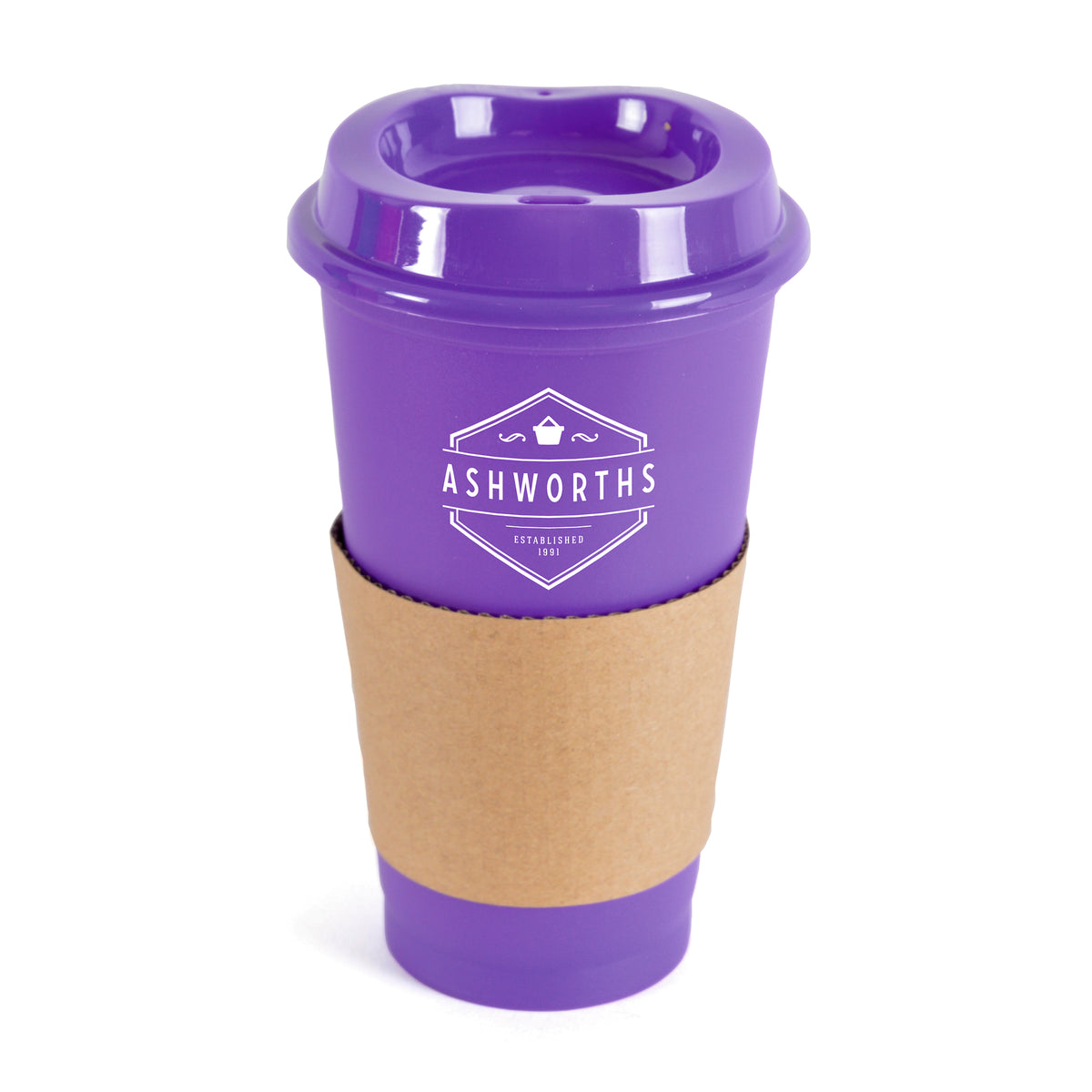Branded 500ml Take Out Coffee Mug with Card Sleeve in Purple