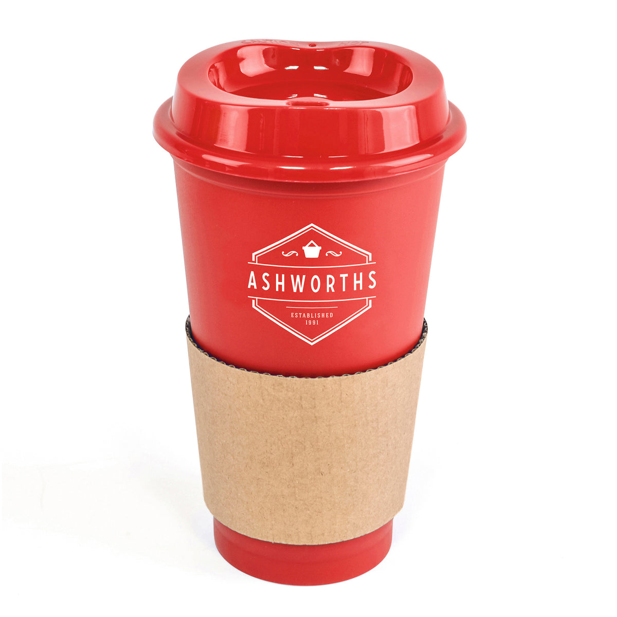 Branded 500ml Take Out Coffee Mug with Card Sleeve in Red