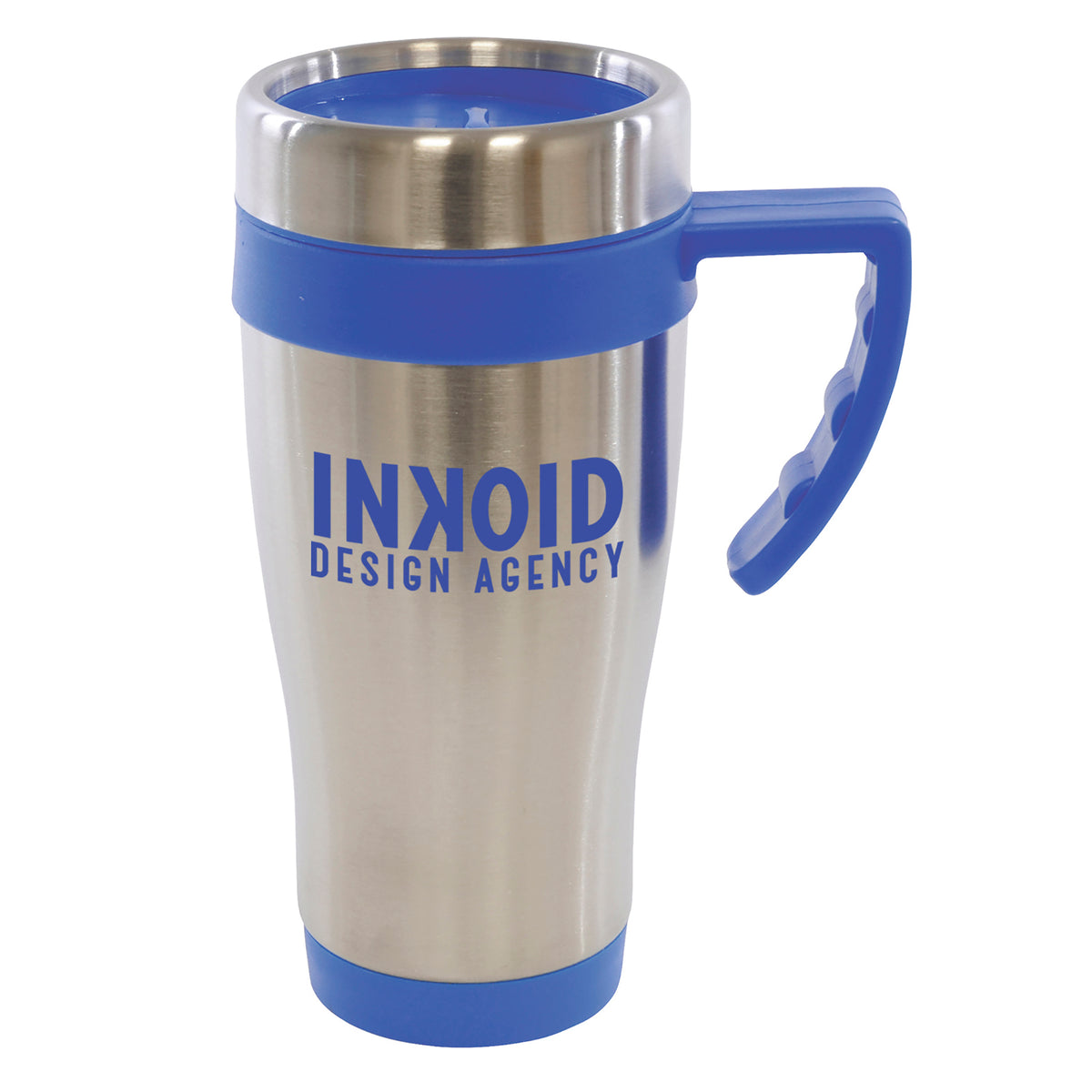 Branded 400ml Stainless Steel Travel Mug with Sliding Sipper in Blue