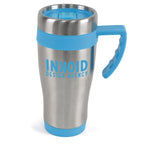 Branded 400ml Stainless Steel Travel Mug with Sliding Sipper in Cyan