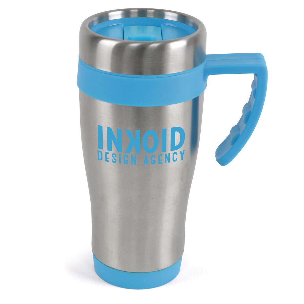 Branded 400ml Stainless Steel Travel Mug with Sliding Sipper in Cyan