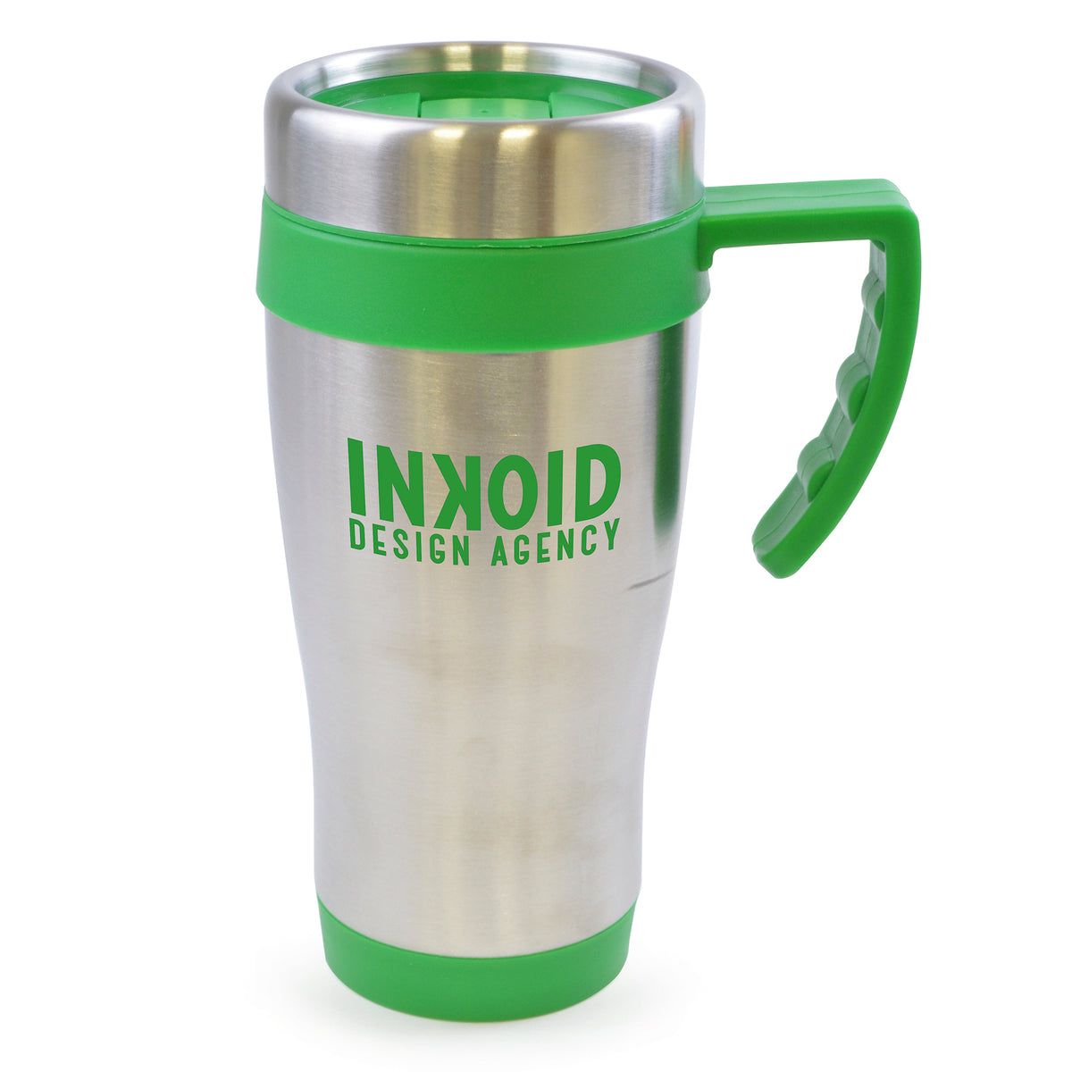 Branded 400ml Stainless Steel Travel Mug with Sliding Sipper in Green