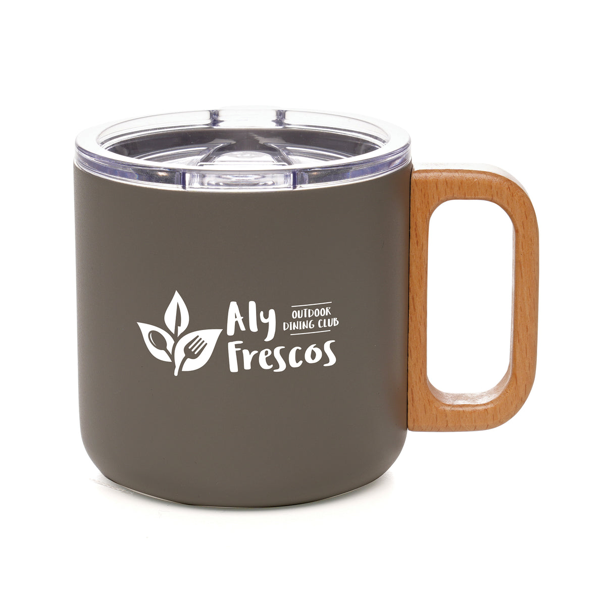 Branded 400ml Stainless Steel Travel Mug with Beech Wood Handle in Grey