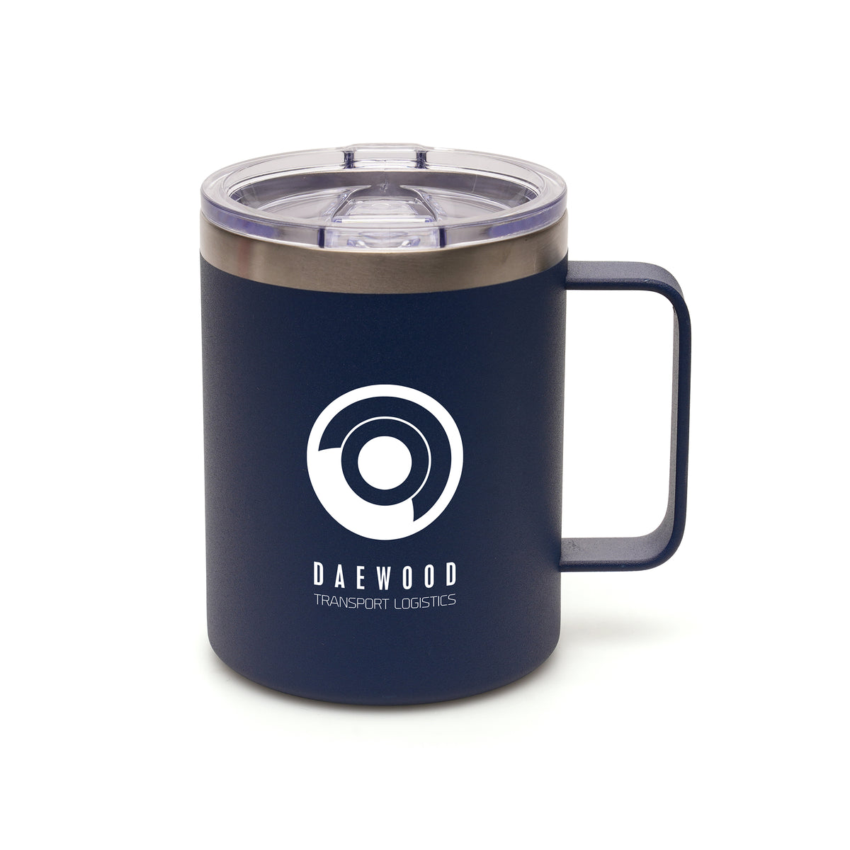 Branded 350ml Stainless Steel Travel Mug with Integrated Handle in Navy Blue