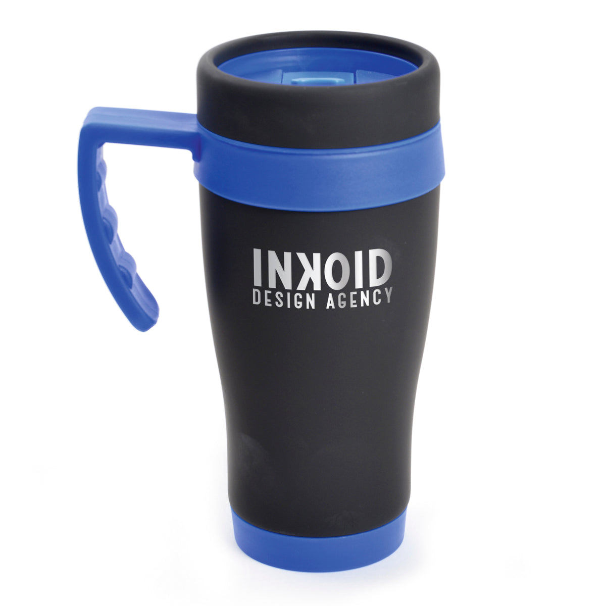 Branded 400ml Matt Black Stainless Steel Travel Mug in Blue