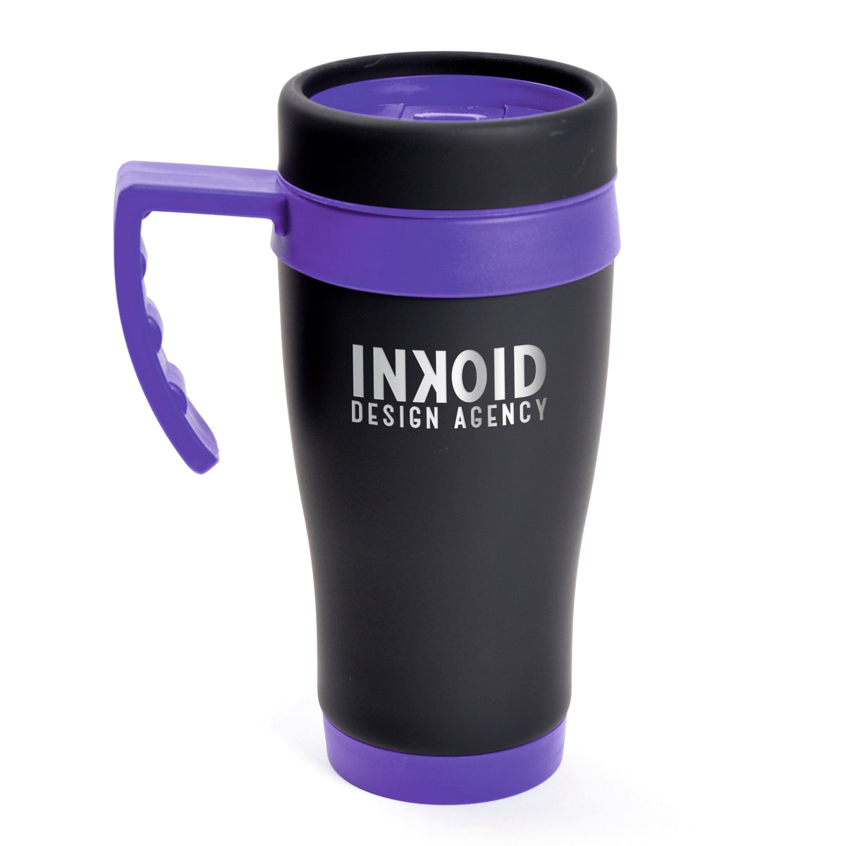 Branded 400ml Matt Black Stainless Steel Travel Mug in Purple