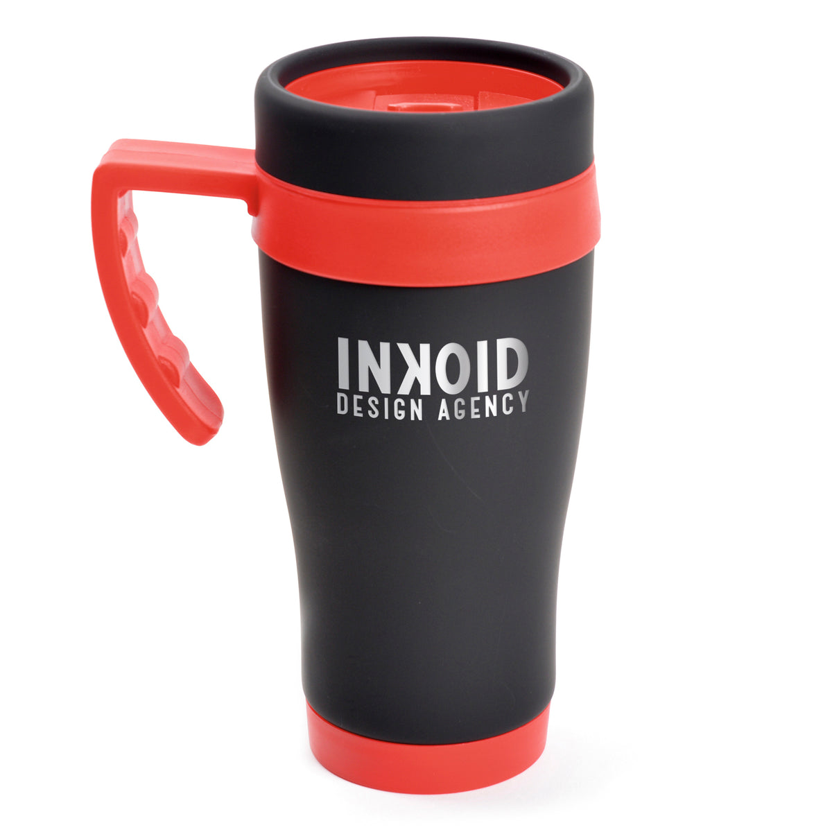Branded 400ml Matt Black Stainless Steel Travel Mug in Red