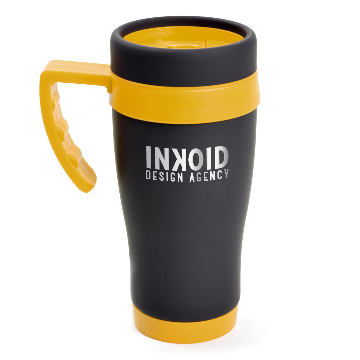 Branded 400ml Matt Black Stainless Steel Travel Mug in Yellow