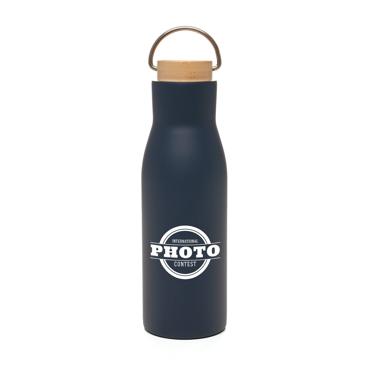 Branded 450ml Stainless Steel Bottle with Bamboo Lid in Navy Blue
