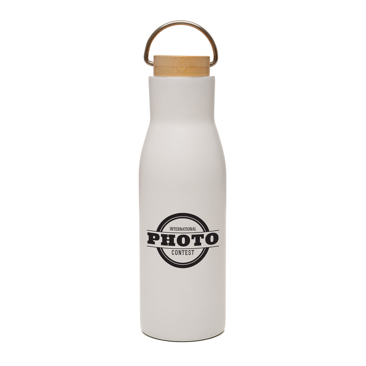 Branded 450ml Stainless Steel Bottle with Bamboo Lid in White