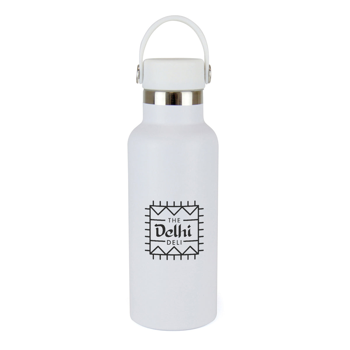 Branded 500ml Double-Walled Steel Bottle with Silicone Handle in White