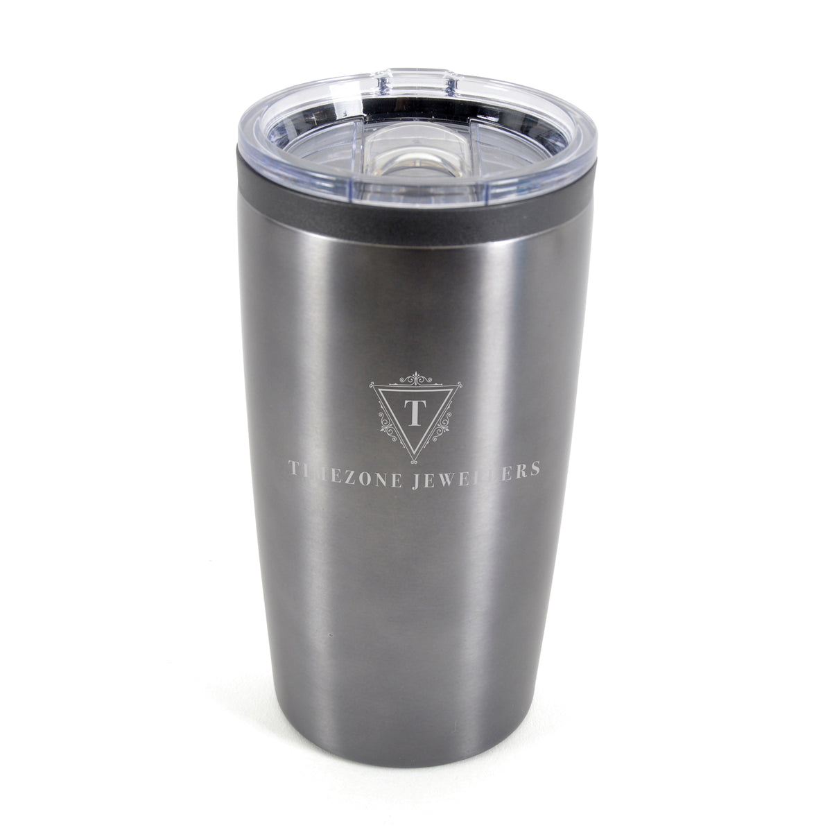 Branded 550ml Stainless Steel Tumbler with Clear Push-on Lid in Gun Metal