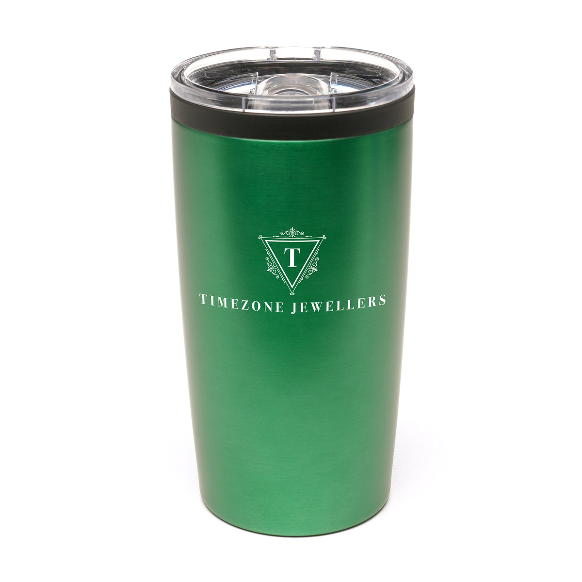 Branded 550ml Stainless Steel Tumbler with Clear Push-on Lid in Green
