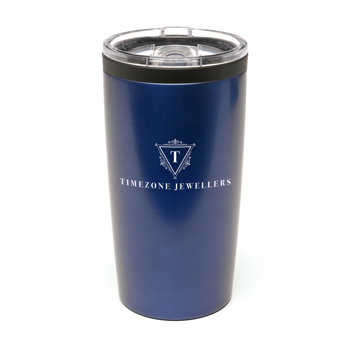 Branded 550ml Stainless Steel Tumbler with Clear Push-on Lid in Navy Blue