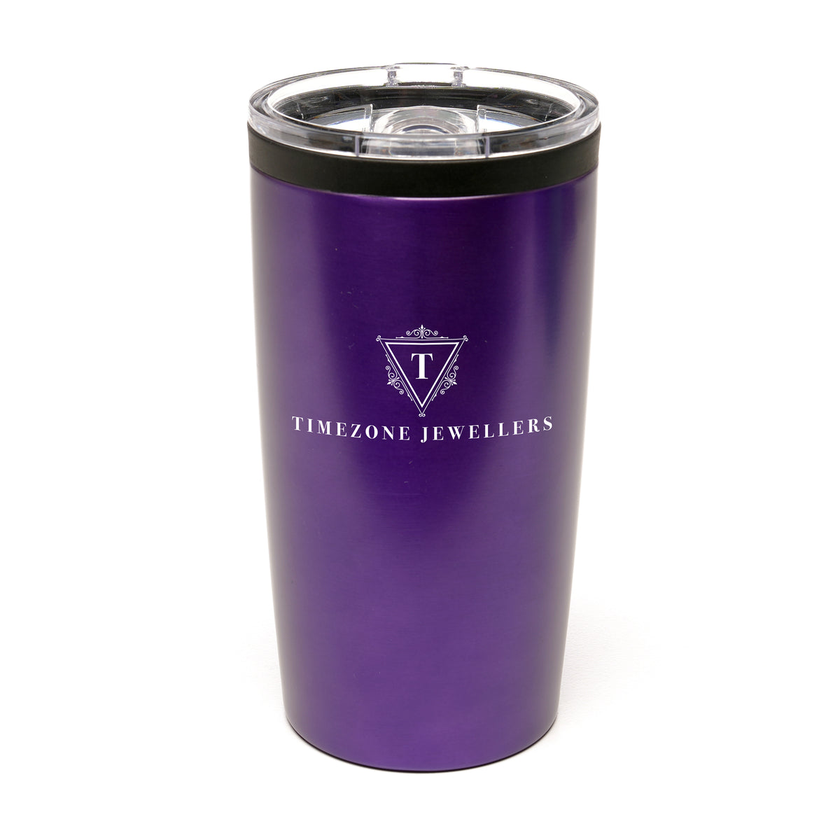 Branded 550ml Stainless Steel Tumbler with Clear Push-on Lid in Purple