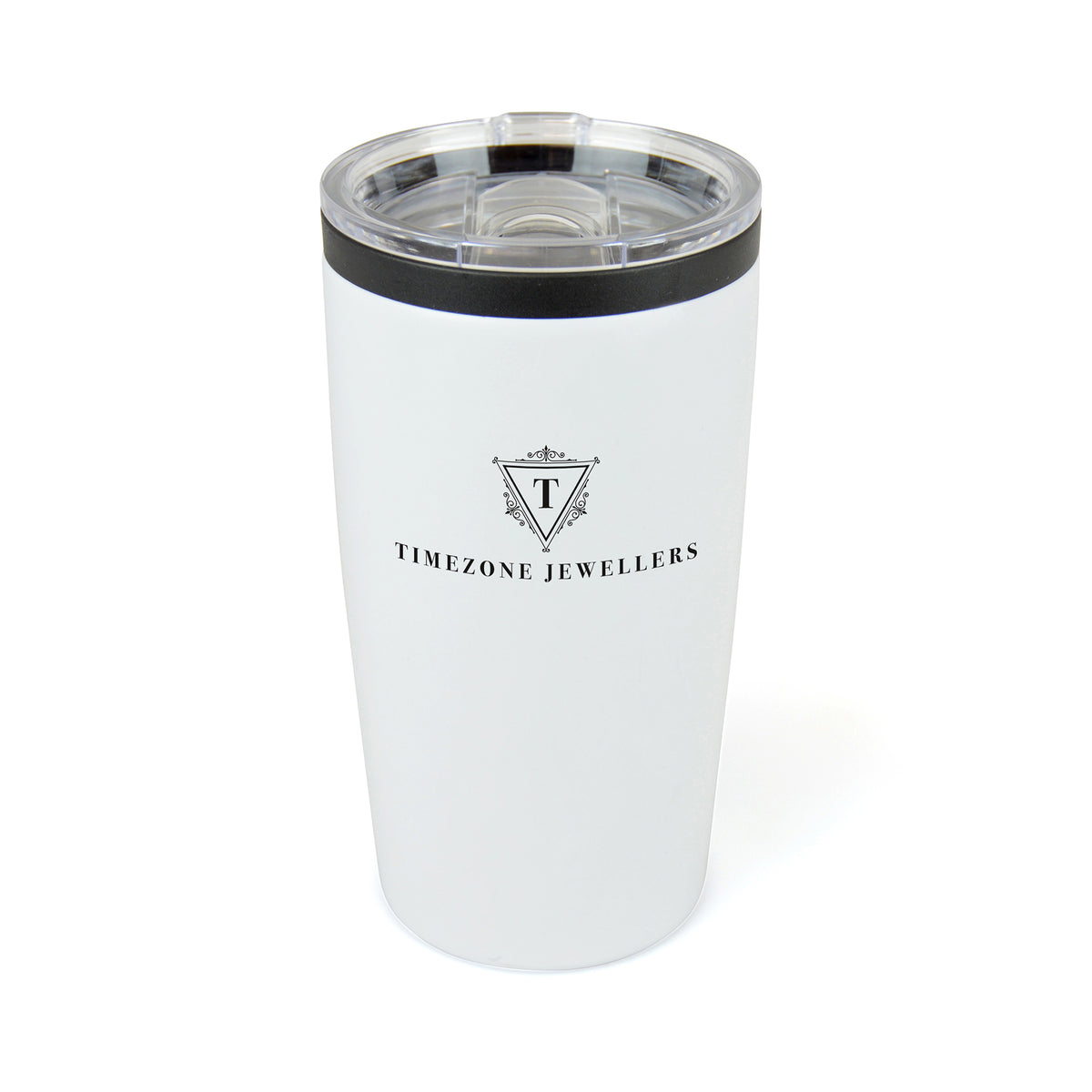 Branded 550ml Stainless Steel Tumbler with Clear Push-on Lid in White