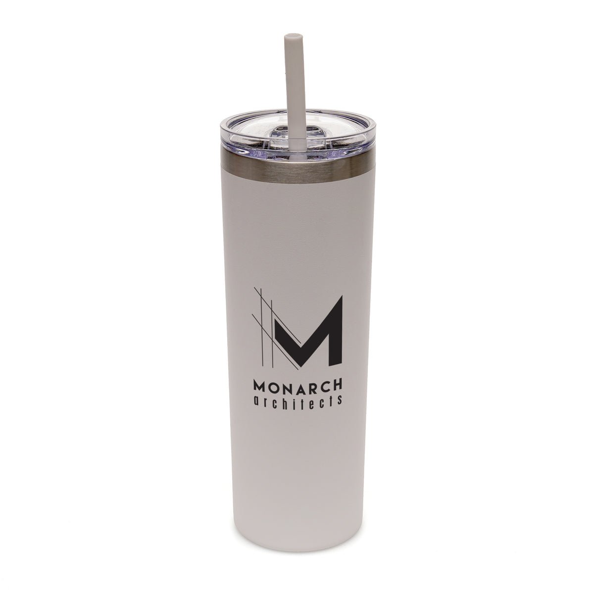 Branded Recycled Stainless Steel Travel Tumbler with Silicone Straw in White