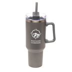 Branded Large Recycled Steel Travel Mug with Handle and Straw in Gun Metal