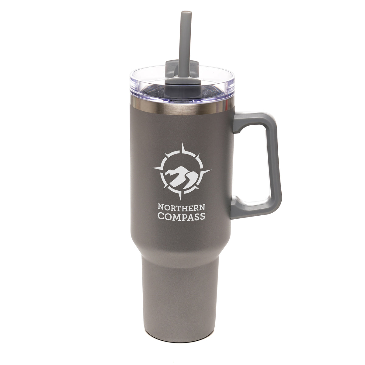 Branded Large Recycled Steel Travel Mug with Handle and Straw in Gun Metal