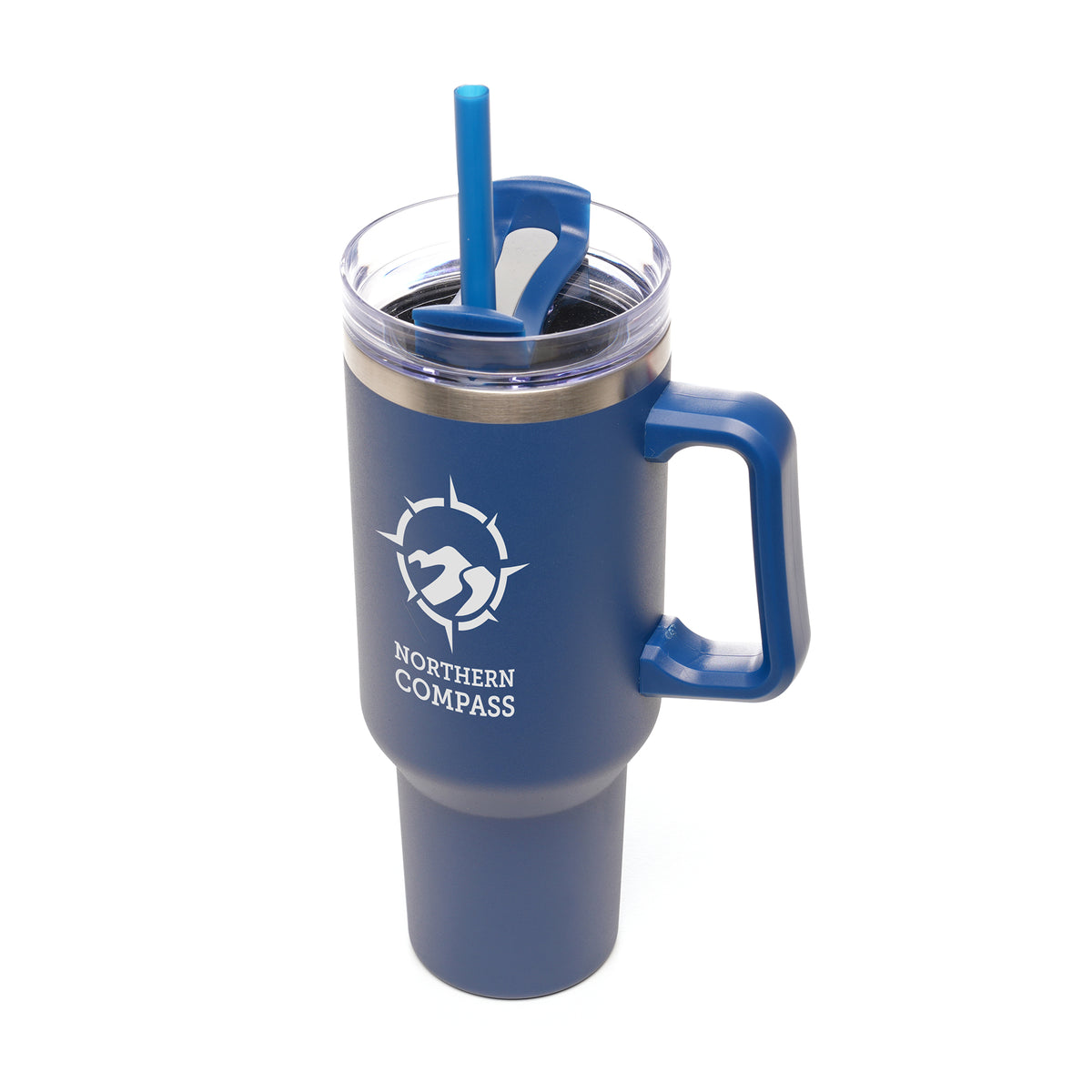 Branded Large Recycled Steel Travel Mug with Handle and Straw in Navy Blue