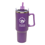 Branded Large Recycled Steel Travel Mug with Handle and Straw in Purple