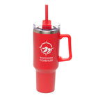 Branded Large Recycled Steel Travel Mug with Handle and Straw in Red