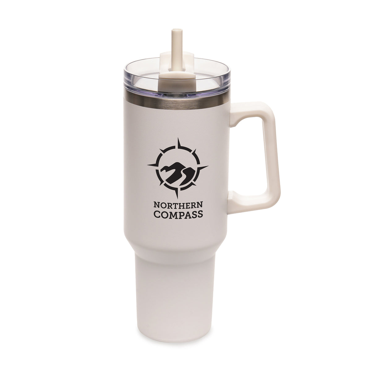 Branded Large Recycled Steel Travel Mug with Handle and Straw in White