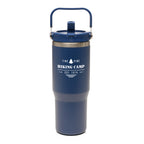 Branded 900ml Recycled Stainless Steel Travel Mug with Bucket Handle in Navy Blue