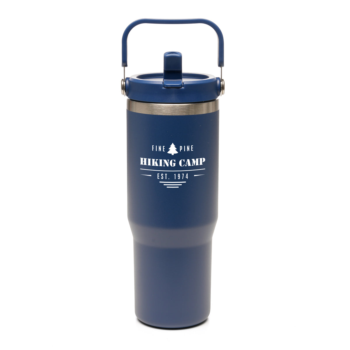 Branded 900ml Recycled Stainless Steel Travel Mug with Bucket Handle in Navy Blue