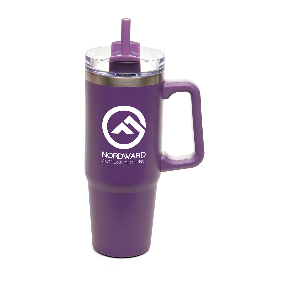 Branded 900ml Recycled Stainless Steel Travel Mug with Built-in Handle in Purple