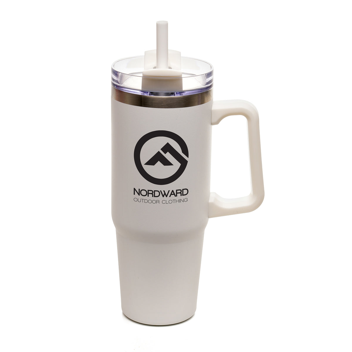 Branded 900ml Recycled Stainless Steel Travel Mug with Built-in Handle in White