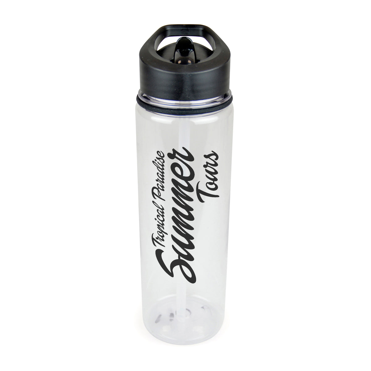 Branded 725ml Clear PET Sports Bottle with Straw in Black