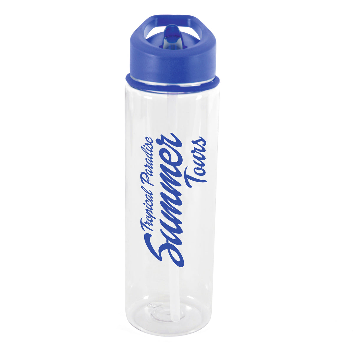 Branded 725ml Clear PET Sports Bottle with Straw in Blue