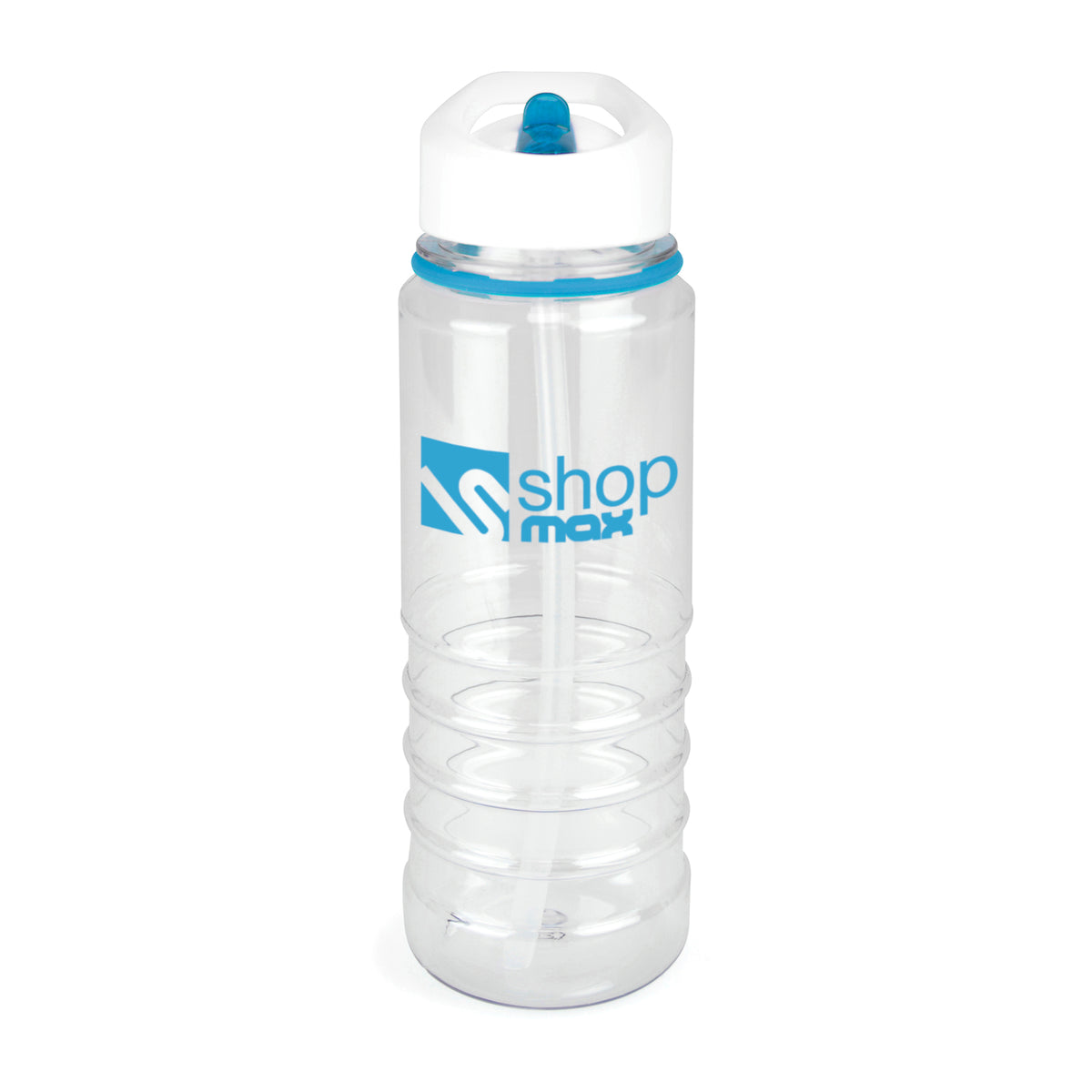 Branded 750ml Clear PET Bottle with White Lid and Sipper in Cyan