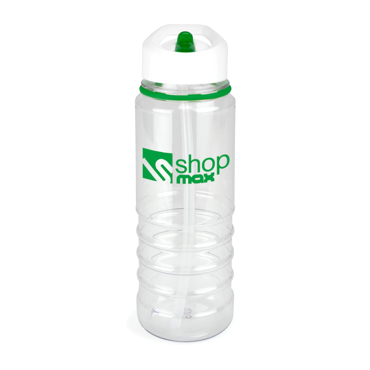 Branded 750ml Clear PET Bottle with White Lid and Sipper in Green