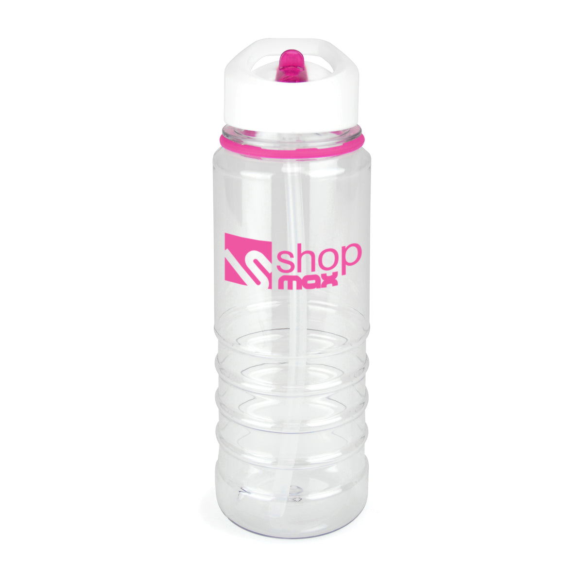 Branded 750ml Clear PET Bottle with White Lid and Sipper in Pink