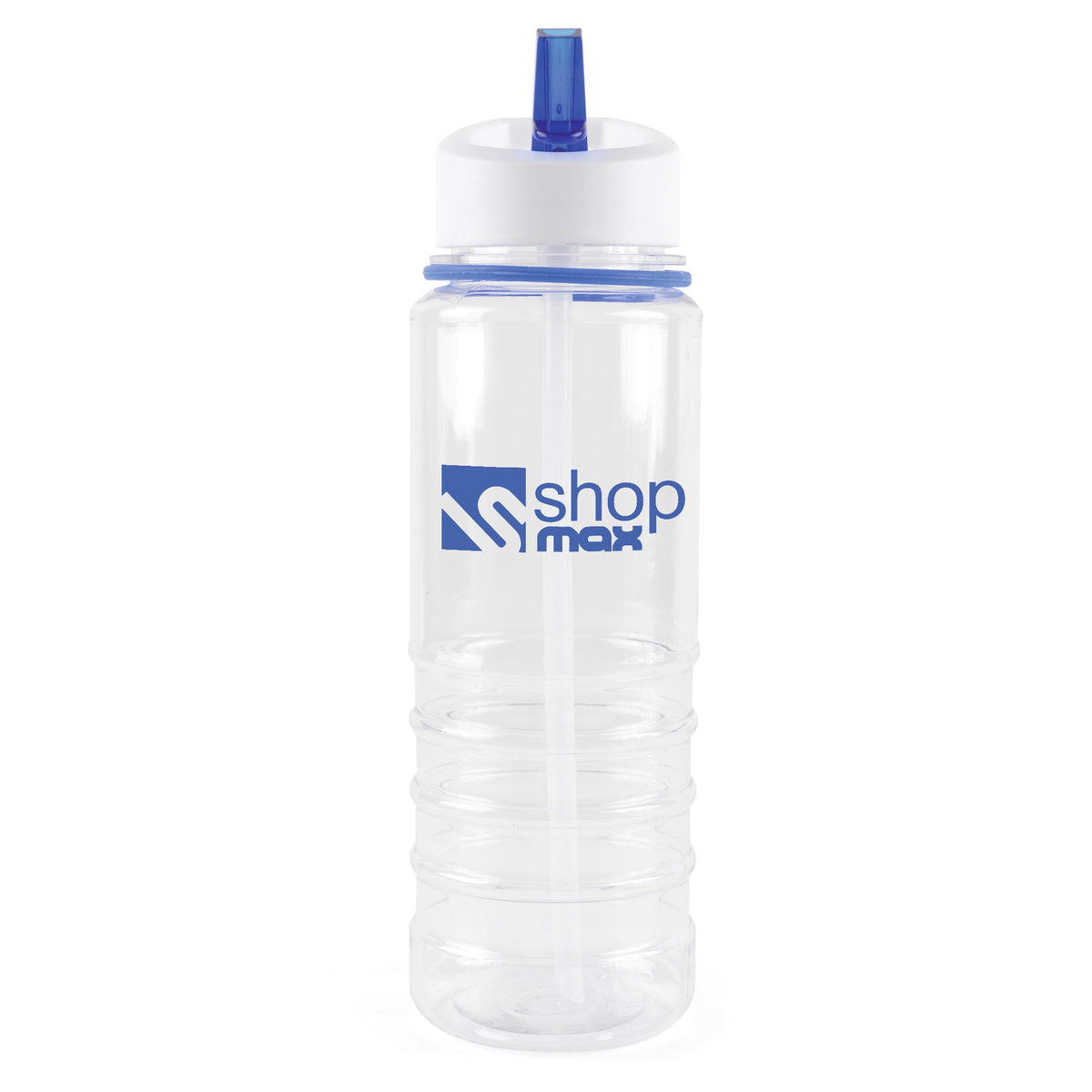 Branded 750ml Clear PET Bottle with White Lid and Sipper in Royal Blue