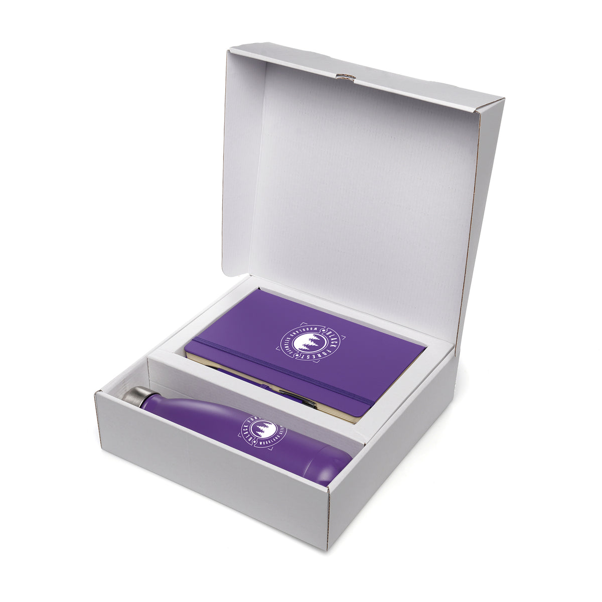 Branded Gift Set with Notebook, Pen and Insulated Bottle in Purple